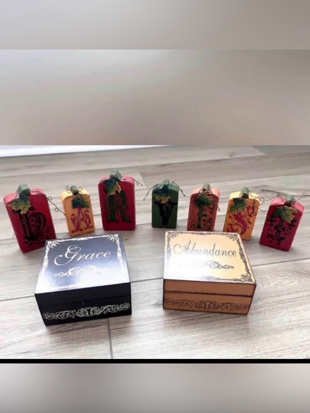 Fall Bundle of Wood “HARVEST” Letters, & Two Wood “Grace” “Abundance” Boxes